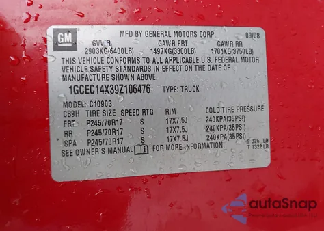 2009 Chevrolet Silverado 1500 Work Truck z USA, uszkodzony, nr VIN 1GCEC14X39Z106476